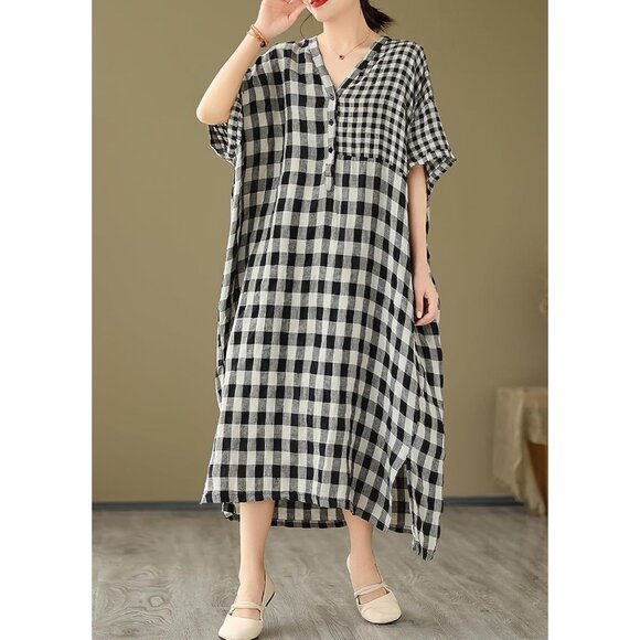 Women's Linen Dress Summer Casual Loose Gingham Midi Cotton Flowy - Picture 6 of 7
